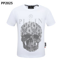 ที่มีคุณภาพสูงผู้ชาย Philipp Plein เพชรพิมพ์กะโหลกกระดูกจดหมายผ้าฝ้ายแขนสั้นเสื้อยืด PP เสื้อเย็นประเดิม