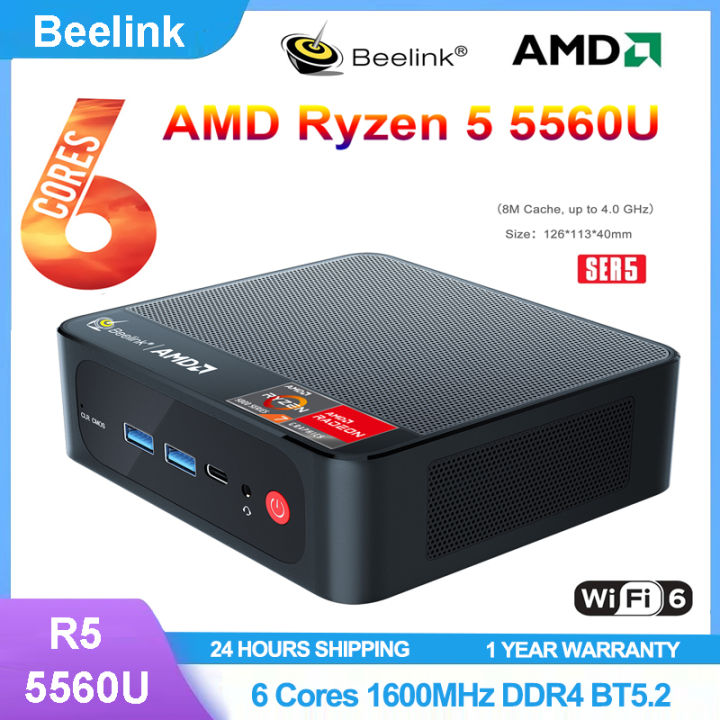 Beelink SER5 Mini PC W-11 Pro Ryzen 5 5560U 16GB DDR4 500GB NVMe M.2 SSD  Triple Display 4K@60Hz Output, Wi-Fi 6, RJ45, Bluetooth 5.2 Gaming Office