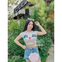 Beautifultime Tiktok สไตล์ผู้หญิงเสื้อยืดคอกลม Crop Tops ฤดูร้อนแขนสั้นการ์ตูนแมวสลิมฟิตเสื้อยืด