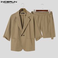 ♚ hnf531 Medussa INCERUN Mens 3/4แขนเสื้ออย่างเป็นทางการ Blazer กางเกงขาสั้นแบบมีเข็มขัดชุดเดรสปาร์ตี้งานแต่งงานอาหารค่ำชุด