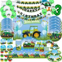 卍✢✚ Green Farm Tractor Theme Disposable Tableware Paper Cup Plate Excavator Vehicle Kid Birthday Banner Cake Topper Party Decoration