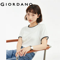 GIORDANO Women T-Shirts Contrast Color Scalloped Embroidery Tee Short Sleeve Crewneck Fashion Casual Cotton Tshirts 18323610