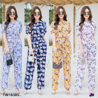 TT18385 set #สาวอวบ 2 เสื้อแขนตุ๊กตาลายดอกไม้ + กางเกงขายาวลายดอกไม้ set #chubby girl 2 flower doll sleeve shirt + flower pattern pants ..