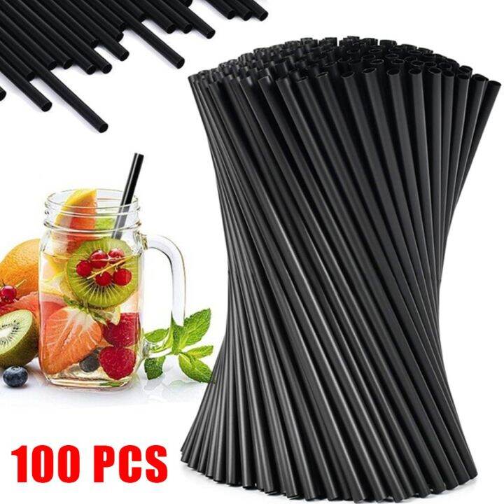 100pcs Black Plastic Straws Bubble Tea Drinking Disposable Long Straw
