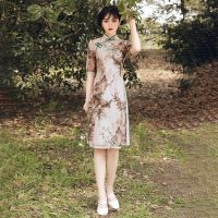 Chinese Traditional Dress Qipao For Women Retro Satin Slim Short Qipao Dress Spring Printed Banquet Evening Dresses Large Size