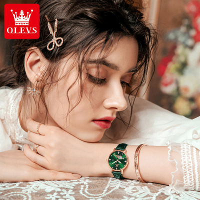OLEVS นาฬิกากันน้ำหรูหราสำหรับผู้หญิง,นาฬิกาหนังแฟชั่นสายเหล็กกล้าดั้งเดิม2021/สีแดง/สีเขียว