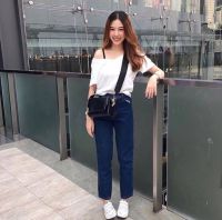 TwiceJeans กางเกงยีนส์ เอวสูง ทรงบอย ยีนส์ผู้หญิง ผ้าไม่ยืด สียีนส์เข้ม