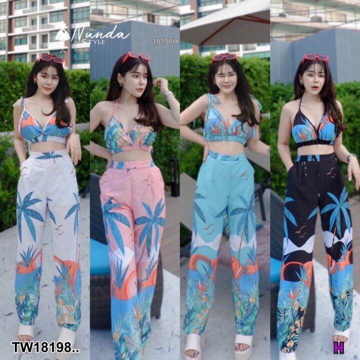 tw18198-set-2-ชิ้น-เสื้อสายผูกไหล่-พิมพ์ลาย-กางเกงขายาว