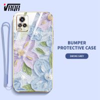 VRQR คสสำหรับ Vivo V20 Pro V20SE V2022 Y70 โทรศัพท์ นพิมพ์ลายดอกไม้ทรงเปลือกหอยเคสนิ่มเคลือบอิเล็คโทรเพลทเรียบพร้อมฟรีสายคล้อง