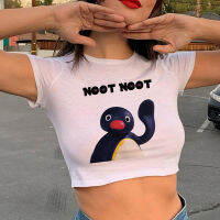 Pingu Trashy เครื่องแต่งกายแนวสตรีทแบบเสื้อเอวลอยหญิง Yk2เสื้อยืดกรันเก้นางฟ้าแนวกอธิค