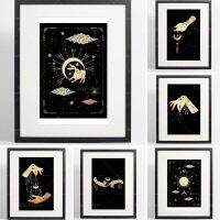 Enchanting Universe Art Print: Black Gold Magic Hand, Moon &amp; Stars-ศิลปะสีน้ำเทพธิดาสำหรับผู้ที่ชื่นชอบลึกลับ1010