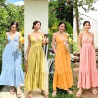 NEW IN ?Maxi dress(530฿ฟรีส่ง) ชุดเดรสลินินสายเดี่ยว เดรสยาว เว้าหลัง ผูกหลังได้หลายแบบเลยนะคะ มีกระเป๋า ชายระบาย