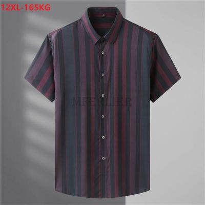 ZZOOI high quality summer men striped shirt short sleeve casual loose plus size 9XL 10XL 12XL shirts oversize blue wine red shirts