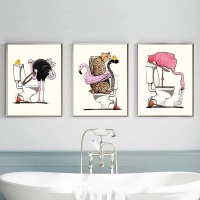 การ์ตูนสัตว์นั่งอยู่บนห้องน้ำผ้าใบผนังศิลปะสำหรับห้องน้ำและห้องนอนตกแต่งบ้าน0822