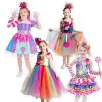 ZZOOI Rainbow Candy Princess Dress for Girl With Headband Tutu Cosplay Costume For Kids Christmas Birthday Party Children Clothing