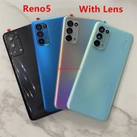 Reno5ปลอกหุ้มสำหรับ OPPO Reno 5 4G 5G ฝาหลังพลาสติกซ่อมแซมเปลี่ยนเคสด้านหลังประตู + โลโก้กาวเลนส์กล้องถ่ายรูป