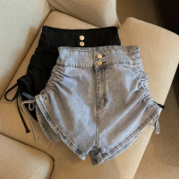 Celana Pendek Denim ทรงเอมีเชือกรูดสำหรับผู้หญิงเอวสูงฤดูร้อนใหม่