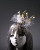 ? Golden, Round Three-Dimensional Crown Hair Ornament Mesh Bow Pearl Photo Shoot Floor Crown Headdress Modeling