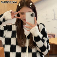 MAOZHUXIA เสื้อนอกสตรีสเวตเตอร์ลายสก๊อตสีดำและสีขาวเสื้อคาร์ดิแกนคอวีเสื้อถักใหม่