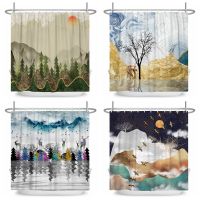 Nordic Style Art Painting Shower Curtain Elk Forest Waterproof Shower Curtain Bath Curtain Bathroom Textured Machine Washable