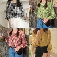 COD dhdfxcz Women round neck plaid sweet casual long sleeved Blouse