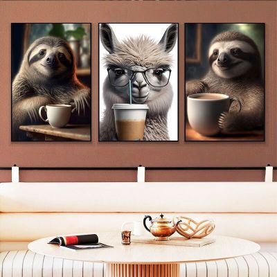 Vintage Funny Llama Morning Sloth Hold Coffee Poster - Animal Prints Canvas Painting - Perfect For Cafe, Restaurant,And Home Decor Wall Art Picture