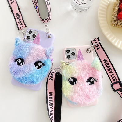 Plush Cat Coin Purses Cases For OPPO A59 F9 F11 A92S A93 A94 A54 A55 A52 A92 A72 A32 A53 A1K A73 Furry Unicorn Wallet Bag Cover
