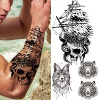 hot！【DT】﹉✑○  Pirate Ship Death Temporary Tattoos Men Wolf Tiger Fake Sticker Transfer Tatoo Decal