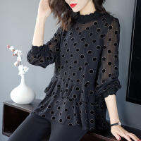 Womens Spring Autumn Chiffon Blouse Shirt Womens Ruffles Sequined Polka Dot O-neck Long Sleeve Elegant Korean Tops DD8424