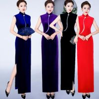 Cheongsam กำมะหยี่สีทองสีดำ 2022 ใหม่ TikTok ชุดเดินแบบเดียวกันบนเวทีการแสดงเสื้อผ้าสไตล์จีนยาว