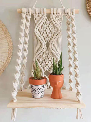 DIY Handmade Tassel Macrame Tapestry Wall Hanging Shelf Boho Cotton Rope Plant Hanger Wood Floating Shelf Wall Decor