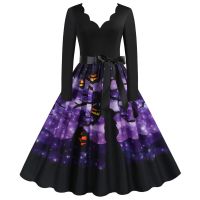 2021 Halloween Costume Party Dress Long Sleeve Deep V-neck Vintage Nightmare Before Christmas Women Winter Dress Plus Size Robe