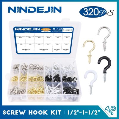 NINDEJIN 66/100/320/340Pcs สกรู Hook Kitchen ถ้วยเพดานชุดสกรู Bend Hook ชุดสำหรับไม้แขวนผนัง