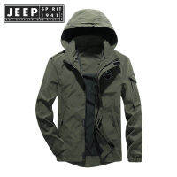 JEEP SPIRIT เสื้อแจ็กเก็ตมีฮู้ดผู้ชาย,เสื้อแจ็กเก็ตกีฬาลำลองทรงหลวมบางหมวกถอดได้กันน้ำกันลมใช้กลางแจ้ง (M-8XL)