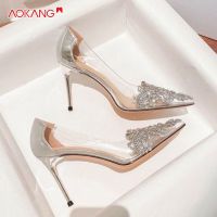 AOKANG ใหม่โปร่งใสรองเท้าส้นสูงผู้หญิง stiletto ชี้ rhinestones แชมเปญชุดเพื่อนเจ้าสาวคริสตัลรองเท้าแต่งงาน