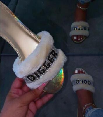 HOT NEW Pink home fashion wild hair slippers winter new bright diamond warm sandals female flip flop flat with interior