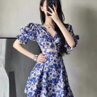 COD DSTGRTYTRUYUY Mori Floral Skirt Summer New V-neck Girl Short Style Temperament Exposed Navel Lace-up Bow Beach Holiday Dress