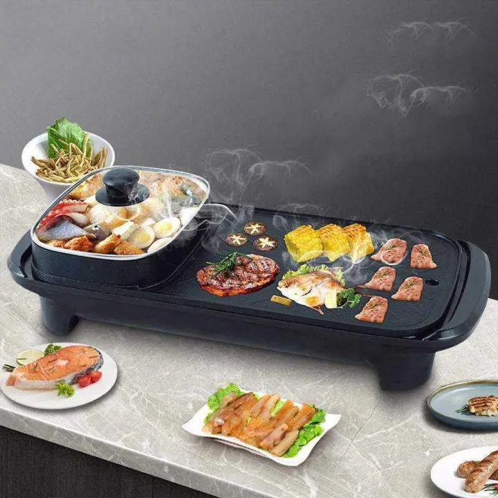 2 in 1 Electric BBQ Grill & Hot Pot Long NonStick Rectangular Electric