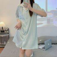 【 WYIN kitchen】 Striped Night Dress Women Casual Pajamas Sleepwear Wears for Turn Down Collar Pocket Loose Nightgown Sleep 2023