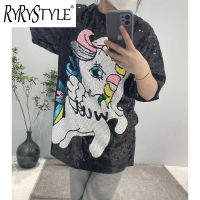 RYRYSTYLE เสื้อยืดแขนสั้นยาวปานกลางแกะการ์ตูนเกาหลีสีแดงสดทรงหลวมบนเวทีการแสดงบนผู้หญิงประดับเลื่อม