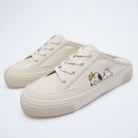 【READY STOCK】ZA RA Summer New Canvas Shoes Snoopy Print Students All-match Lace Niche Half-drag Women