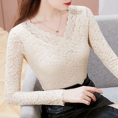 2023 Spring New Womens T-Shirt Fashion V-Neck Long Sleeve Hollow Out Wavy Lace Tops S-3XL Blusas Female Clothing