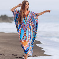 2022 Bohemian Printed Summer Holiday Dress Blue Tunic Women Beach Wear Kaftan V-Neck Bats Sleeve Maxi Dress Robe Q956