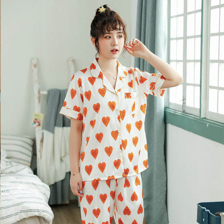 summer-new-heart-printing-silk-lapel-cute-girl-short-sleeved-trousers-set-homewear-pajamas-sleepwear-nighdress