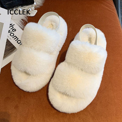 Fur Slippers Women Indoor Warm Furry Fur Slides Faux Fur Warm Fluffy Elastic Band Plush Sandals Ladies Thick Heel House Shoes