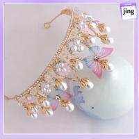 JING หมวก รัดเกล้า Rhinestone วันเกิด ผีเสื้อ มงกุฏเจ้าหญิง Tiaras สำหรับเด็กผู้หญิง ที่คาดผมไข่มุก