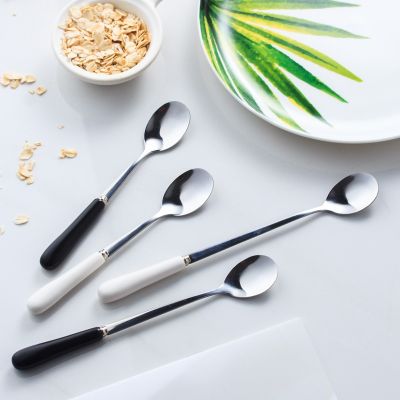 Personalized creative stainless steel spoon simple black white ceramic stainless steel spoon stainless steel coffee spoon Serving Utensils
