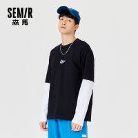 SEMIR เสื้อยืดแขนยาวสำหรับผู้ชายลายวัฒนธรรมแข่ง2021ต้นฤดูใบไม้ร่วงสไตล์ใหม่การเย็บที่สีตัดกันเสื้อทรงหลวมสองชิ้น