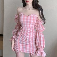 COD DSFGRDGHHHHH CLOUD4D-Pink Off-Neck Sweet Plaid Dress Fairy Summer Slim Retro Short Skirt Long Sleeve One-Step Skirt