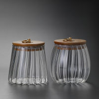 Glass Storage Container With Bamboo Lid, Clear Decorative Organizer Bottle Canister Pantry Jar with Air Tight Wooden Lid